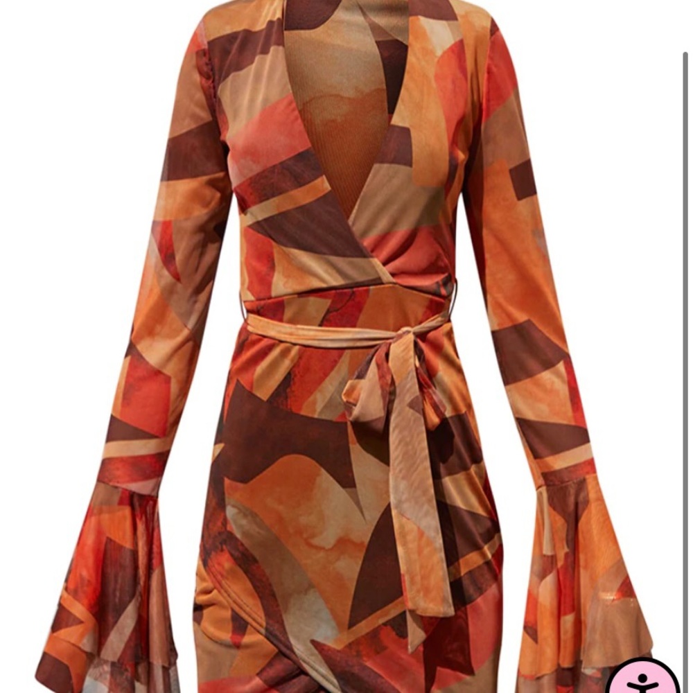 Orange Abstract  Tie Waist Bodycon Dress